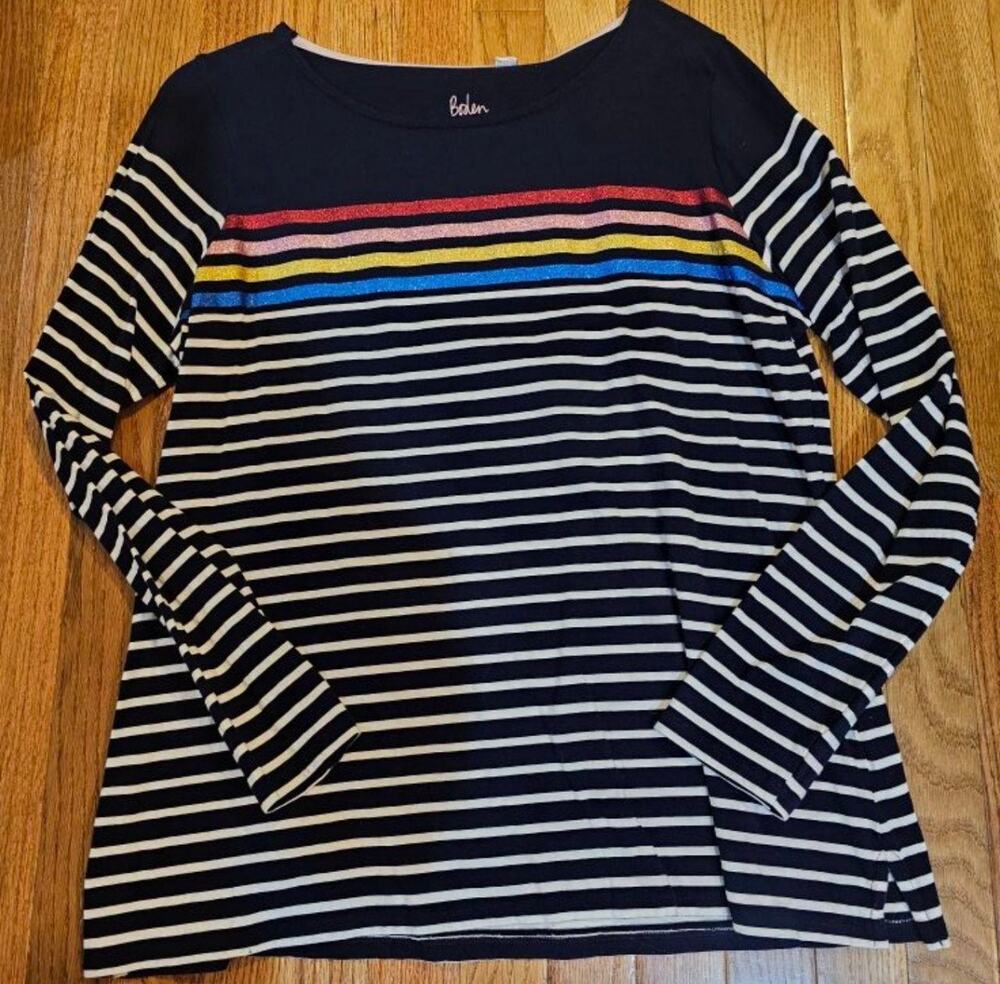 Boden Navy Blue Metallic Rainbow Striped Long Sleeve Breton Top Womens XL 16–18